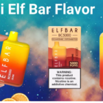 Elf Bar Gumi Flavor disposable vape, showing the device in a gradient of orange to yellow, a package with nicotine warning, and 'Gumi Elf Bar Flavor' text on a cosmic background.