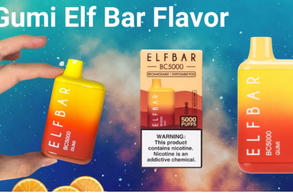 Elf Bar Gumi Flavor disposable vape, showing the device in a gradient of orange to yellow, a package with nicotine warning, and 'Gumi Elf Bar Flavor' text on a cosmic background.