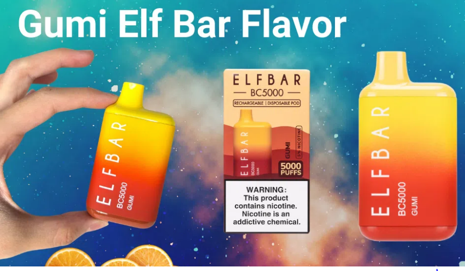 Elf Bar Gumi Flavor disposable vape, showing the device in a gradient of orange to yellow, a package with nicotine warning, and 'Gumi Elf Bar Flavor' text on a cosmic background.