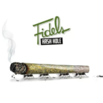 Illustration of a joint labeled Fidels Mini Hash Holes with small ants carrying it from underneath. The joint has a burning tip with smoke rising from it, and the branding is written above in stylized green and black font