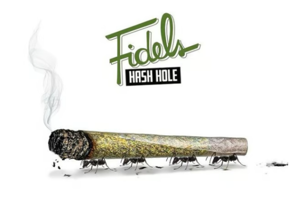 Illustration of a joint labeled Fidels Mini Hash Holes with small ants carrying it from underneath. The joint has a burning tip with smoke rising from it, and the branding is written above in stylized green and black font