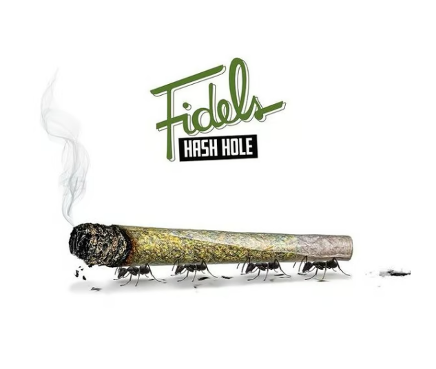 Illustration of a joint labeled Fidels Mini Hash Holes with small ants carrying it from underneath. The joint has a burning tip with smoke rising from it, and the branding is written above in stylized green and black font