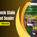 Hemp Shields deck stain and wood sealer products in various container sizes, with text reading 'Best Deck Stain & Wood Sealer' on a dark background with yellow and orange accents.