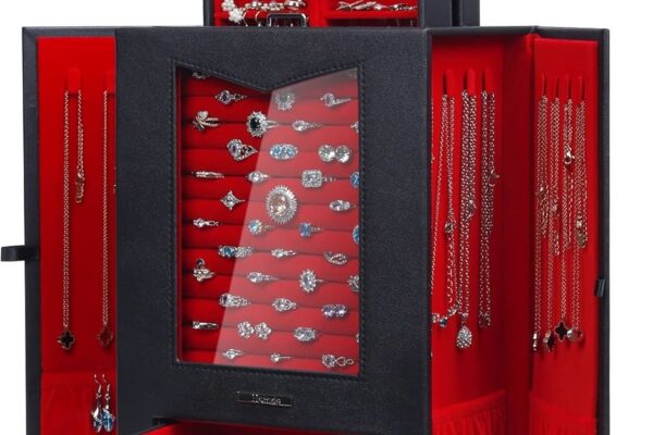 Homde black and red jewelry organizer with multiple compartments, displaying rings, necklaces, earrings, and other accessories. The organizer features a glass front panel for rings, side panels for necklaces, and a bottom drawer for additional storage.