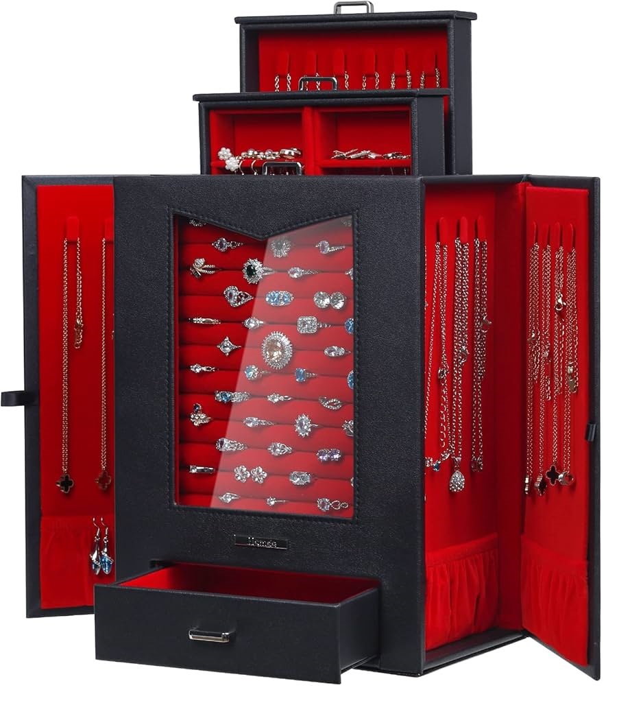 Homde black and red jewelry organizer with multiple compartments, displaying rings, necklaces, earrings, and other accessories. The organizer features a glass front panel for rings, side panels for necklaces, and a bottom drawer for additional storage.