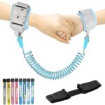 KidSafe OnceLock Wristband with a coiled, blue tether connecting two adjustable wrist cuffs. The wristbands have secure, child-proof locks to prevent accidental release. The image also shows colorful replacement straps in various designs and a black attachment buckle.