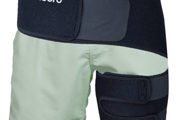 Nooro Neuroflex Hip wearable device shown wrapped around a person's hip and thigh, featuring adjustable straps for targeted compression and support.