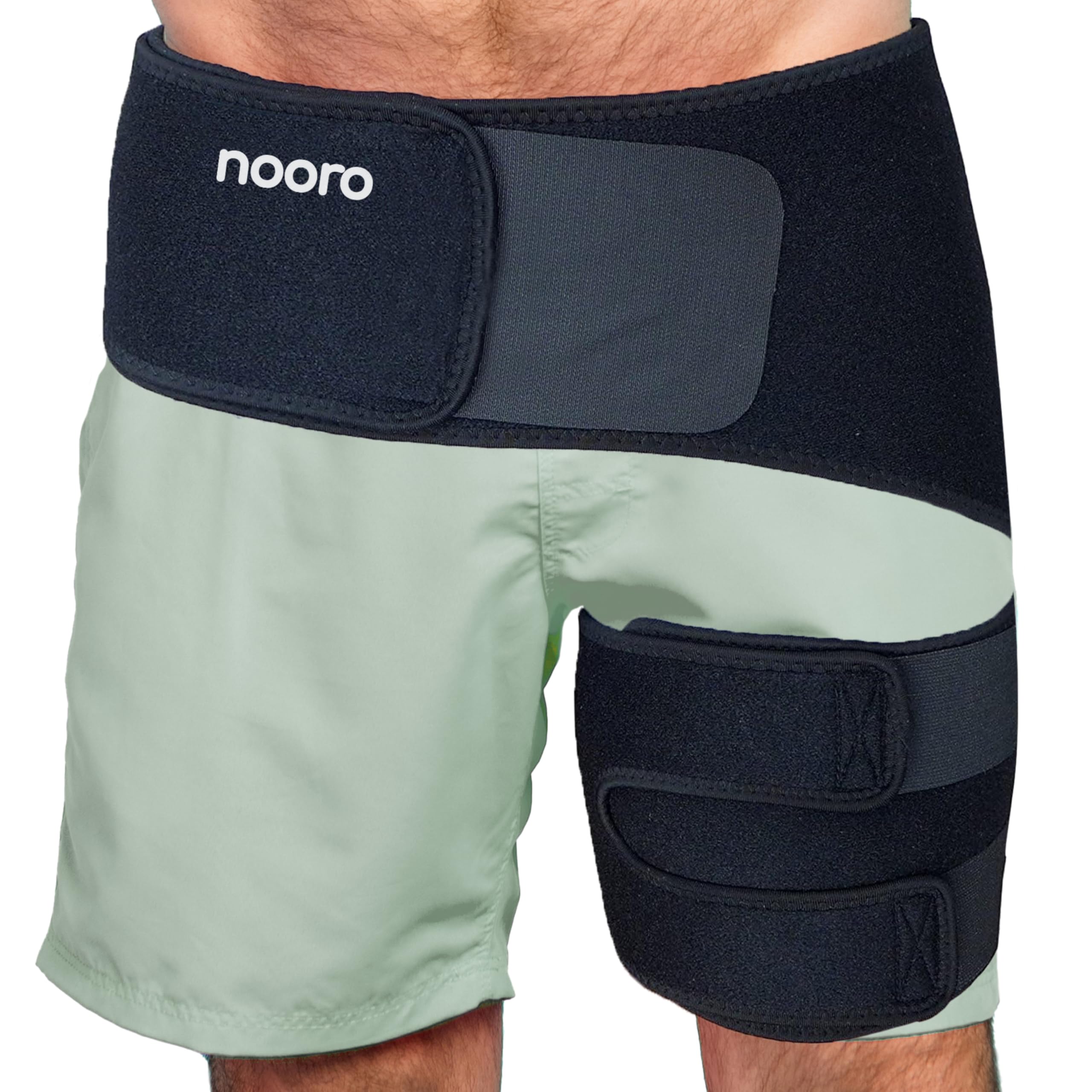 Nooro Neuroflex Hip wearable device shown wrapped around a person's hip and thigh, featuring adjustable straps for targeted compression and support.