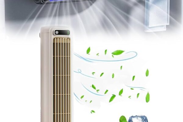 Outfany Cooling Ace portable cooling device with a sleek, vertical design emitting airflow with leaf and mint illustrations, symbolizing fresh and cool air. Ice cubes are shown, indicating its cooling effect