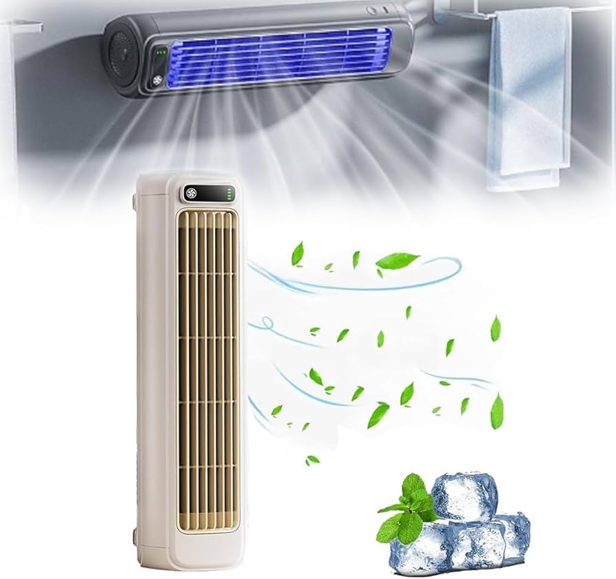 Outfany Cooling Ace portable cooling device with a sleek, vertical design emitting airflow with leaf and mint illustrations, symbolizing fresh and cool air. Ice cubes are shown, indicating its cooling effect