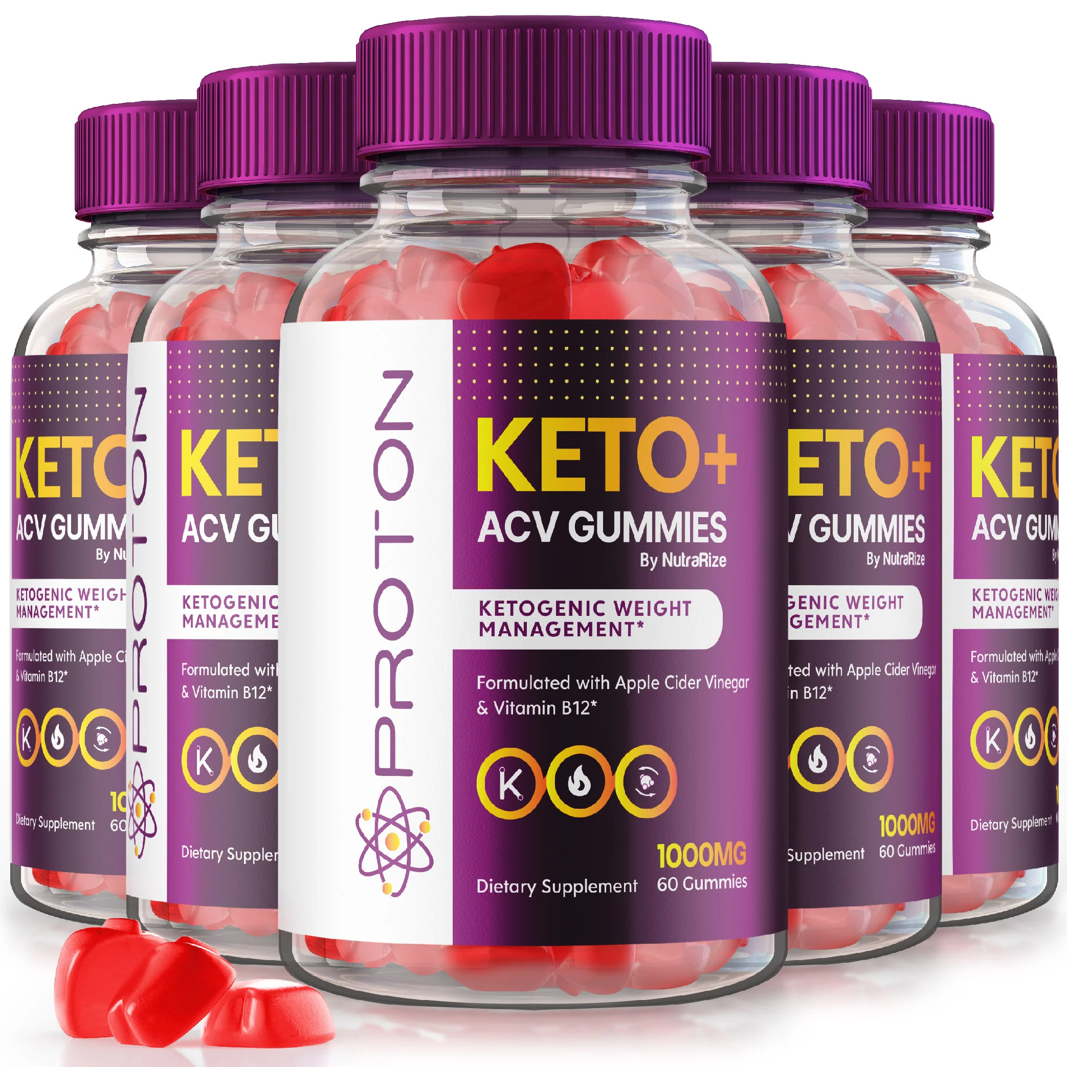 Proton Keto ACV Gummies with Apple Cider Vinegar and Vitamin B12, 1000mg, 60-count bottles for ketogenic weight management.