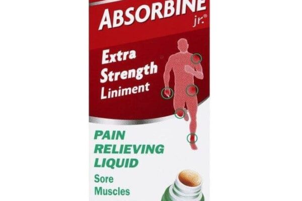 Box of Absorbine Jr. Extra Strength Liniment, a pain-relieving liquid for sore muscles and arthritis pain, featuring a no-mess applicator.