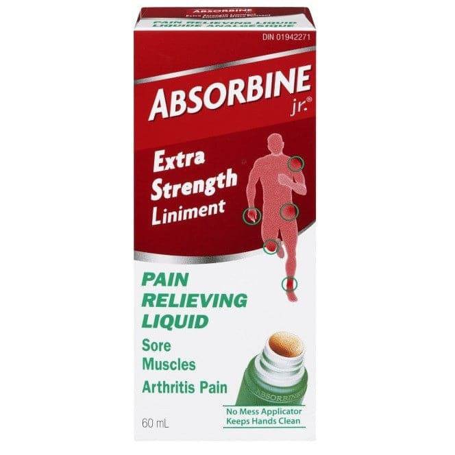 Box of Absorbine Jr. Extra Strength Liniment, a pain-relieving liquid for sore muscles and arthritis pain, featuring a no-mess applicator.