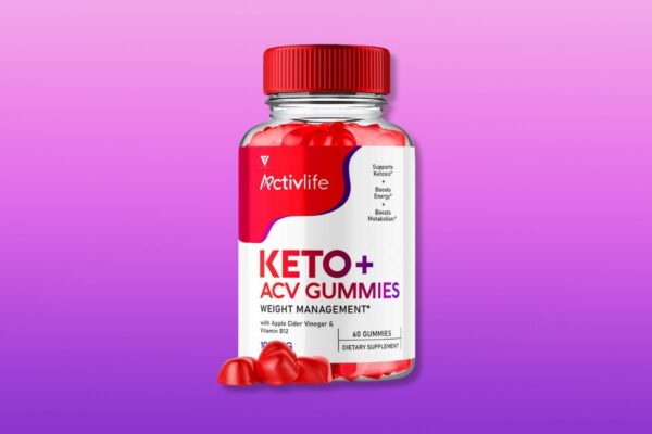 ActivLife Keto ACV Gummies bottle with a red cap and vibrant red gummies displayed against a pink gradient background