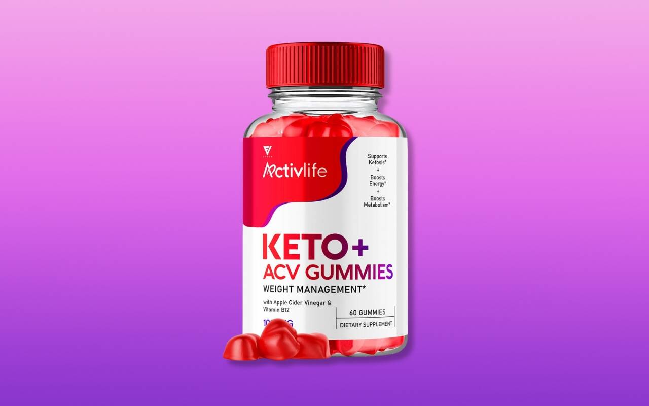 ActivLife Keto ACV Gummies bottle with a red cap and vibrant red gummies displayed against a pink gradient background