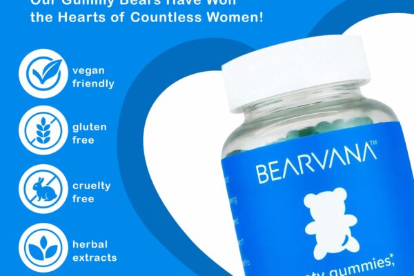 Bearvana Gummies product image with tagline 'Love at first bite. Our Gummy Bears Have Won the Hearts of Countless Women!' Features include vegan-friendly, gluten-free, cruelty-free, herbal extracts, and soy-free.