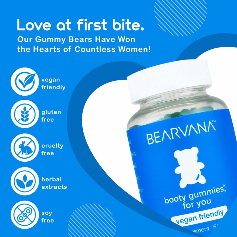 Bearvana Gummies product image with tagline 'Love at first bite. Our Gummy Bears Have Won the Hearts of Countless Women!' Features include vegan-friendly, gluten-free, cruelty-free, herbal extracts, and soy-free.