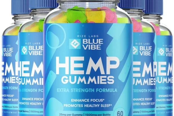 A bottle of Blue Vibe CBD Gummies with a blue cap. The label on the bottle reads "Blue Vibe Hemp Gummies" and mentions that it is "THC Free Isolate from Hemp Extract." The product claims to "Reduce Aches & Pain," "Enhance Focus," and "Promote Healthy Sleep." Each gummy contains 25mg, with a total of 1500mg per bottle, and the bottle contains 60 gummies. The label also shows a few colorful gummies near the bottom of the bottle.