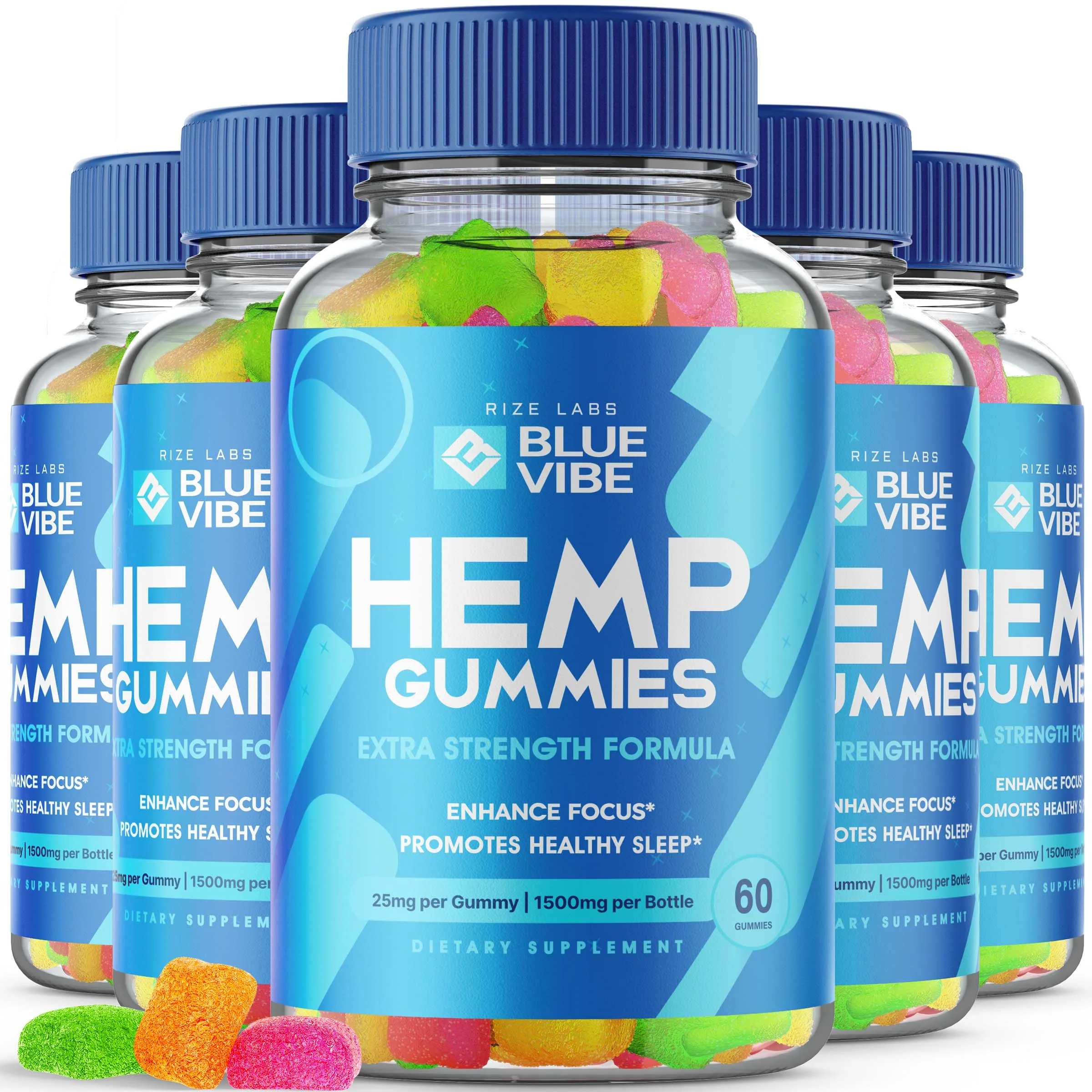 A bottle of Blue Vibe CBD Gummies with a blue cap. The label on the bottle reads "Blue Vibe Hemp Gummies" and mentions that it is "THC Free Isolate from Hemp Extract." The product claims to "Reduce Aches & Pain," "Enhance Focus," and "Promote Healthy Sleep." Each gummy contains 25mg, with a total of 1500mg per bottle, and the bottle contains 60 gummies. The label also shows a few colorful gummies near the bottom of the bottle.