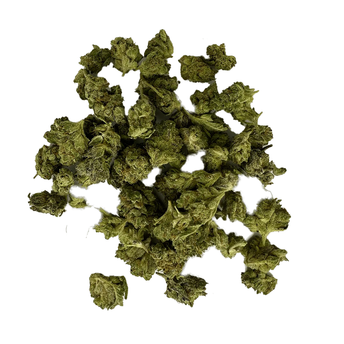 Pile of Chyll Flower Weed, featuring dried green cannabis buds on a plain background.