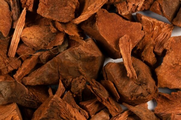 Close-up of dried reddish-brown cocolmeca bark pieces, showcasing their rough texture and fibrous appearance.