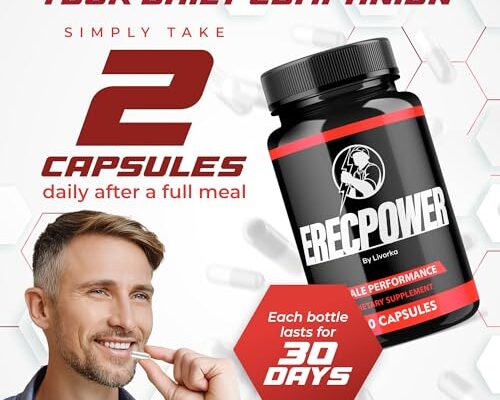 Promotional image for ErecPower dietary supplement capsules. A bottle labeled 'ErecPower' with male performance supplement branding is shown. Text above instructs users to take 2 capsules daily after a full meal. A smiling man is pictured on the left, and a label indicates each bottle provides a 30-day supply.