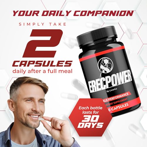 Promotional image for ErecPower dietary supplement capsules. A bottle labeled 'ErecPower' with male performance supplement branding is shown. Text above instructs users to take 2 capsules daily after a full meal. A smiling man is pictured on the left, and a label indicates each bottle provides a 30-day supply.