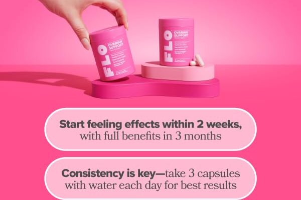 Two containers of FLO Ovarian Support supplements in pink packaging, one being held by a hand, placed on a curved pink platform against a pink background. Text on the image reads: 'Start feeling effects within 2 weeks, with full benefits in 3 months' and 'Consistency is key—take 3 capsules with water each day for best results.