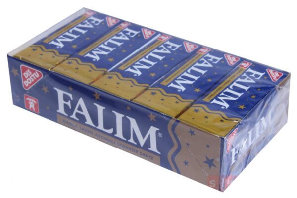 A packaged box of Falim gum, featuring multiple packs wrapped together. The design includes a blue and gold color scheme with stars and the Falim logo prominently displayed. The text on the packaging indicates it is a sugar-free gum with a 'Dis Dostu' (Tooth Friendly) logo.