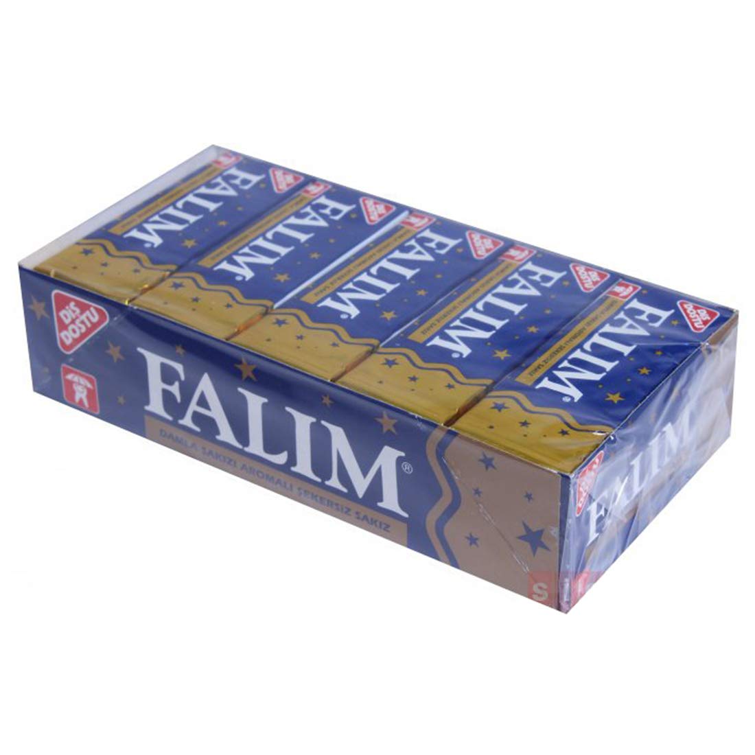 A packaged box of Falim gum, featuring multiple packs wrapped together. The design includes a blue and gold color scheme with stars and the Falim logo prominently displayed. The text on the packaging indicates it is a sugar-free gum with a 'Dis Dostu' (Tooth Friendly) logo.