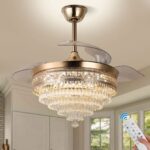 Gold crystal chandelier ceiling fan with retractable blades, shown with a remote control for operation.