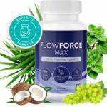 FlowForce Max dietary supplement bottle surrounded by natural ingredients, including saw palmetto leaves, coconut halves, grape berries, and green herbal leaves, highlighting its advanced formula and benefits for vitality, urinary system support, stamina, and strength.