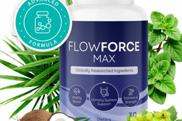 FlowForce Max dietary supplement bottle surrounded by natural ingredients, including saw palmetto leaves, coconut halves, grape berries, and green herbal leaves, highlighting its advanced formula and benefits for vitality, urinary system support, stamina, and strength.