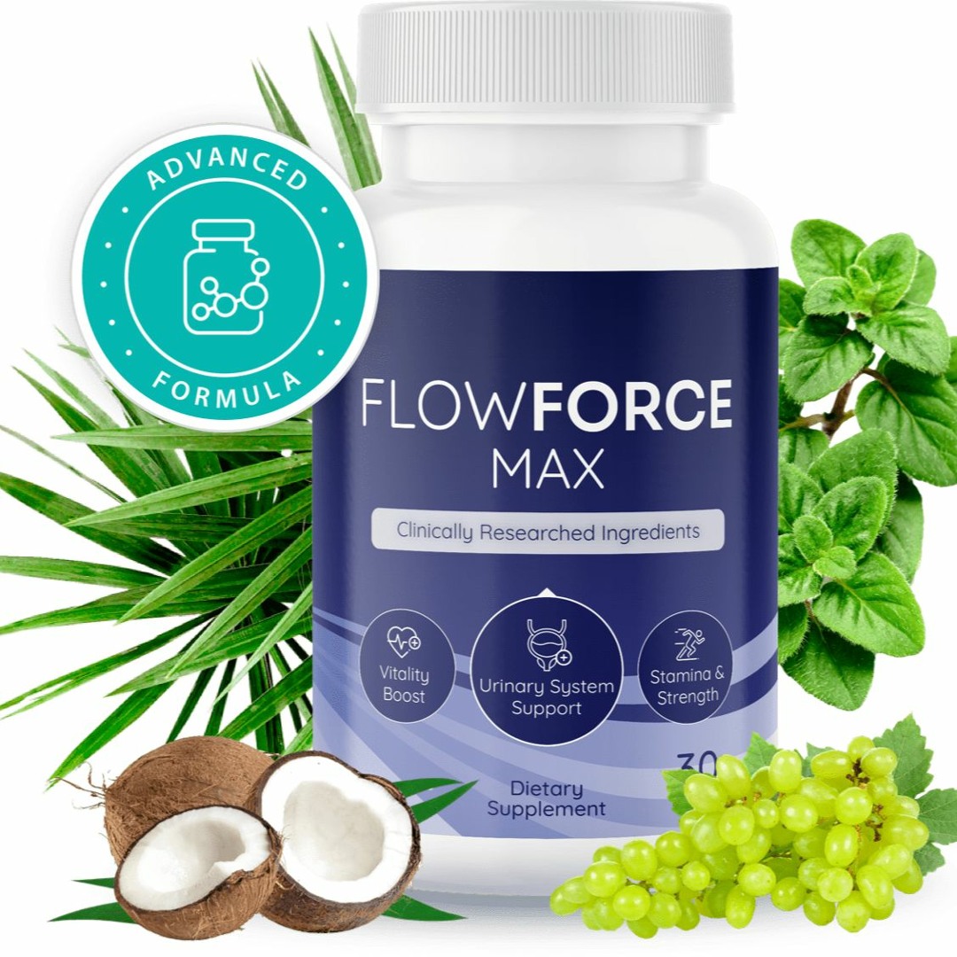 FlowForce Max dietary supplement bottle surrounded by natural ingredients, including saw palmetto leaves, coconut halves, grape berries, and green herbal leaves, highlighting its advanced formula and benefits for vitality, urinary system support, stamina, and strength.