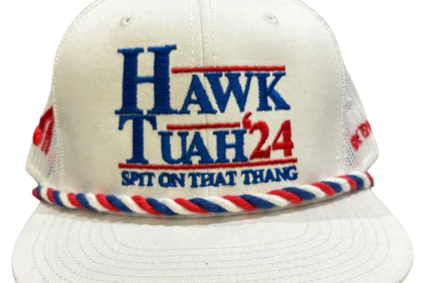 Hawk Tuah Hat '24 hat with red, white, and blue embroidery, featuring the text 'Spit On That Thang' and a braided trim.