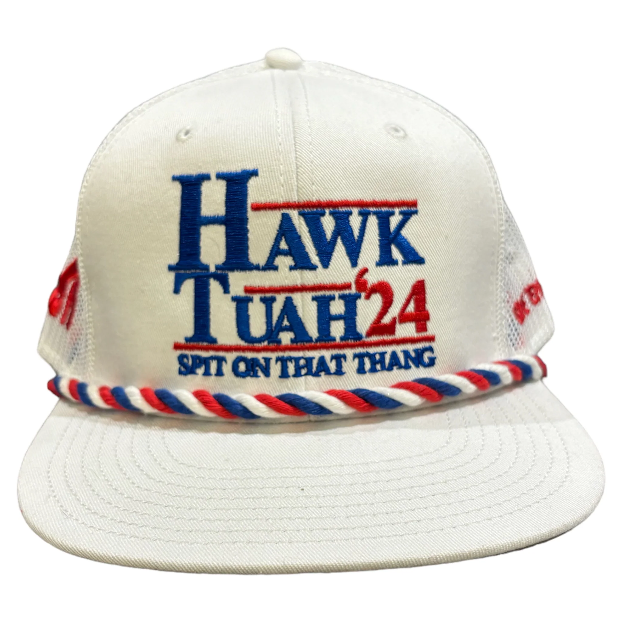 Hawk Tuah Hat '24 hat with red, white, and blue embroidery, featuring the text 'Spit On That Thang' and a braided trim.