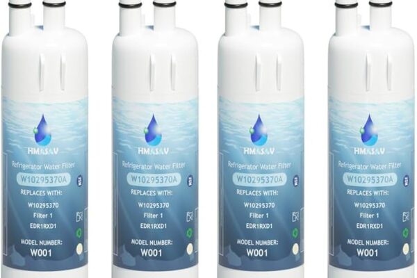 Hmasav refrigerator water filters, model W001, lined up side by side, with blue labels featuring water droplet logos and product specifications.