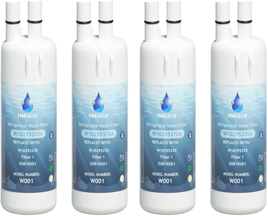 Hmasav refrigerator water filters, model W001, lined up side by side, with blue labels featuring water droplet logos and product specifications.