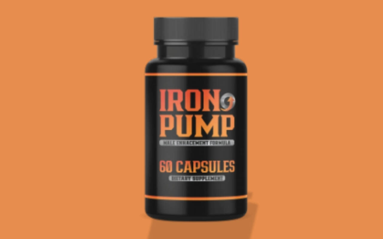 Black bottle of Iron Pump dietary supplement with an orange label, featuring 60 capsules for male enhancement