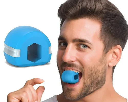 A man using a blue jaw exerciser device in his mouth, with a close-up of the same device shown separately beside him.