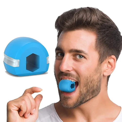 A man using a blue jaw exerciser device in his mouth, with a close-up of the same device shown separately beside him.