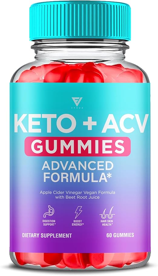 Bottle of Keto ACV with Advanced Formula, featuring apple cider vinegar vegan formula, beetroot juice, and benefits for digestion support, energy boost, and hair and skin health, containing 60 gummies.