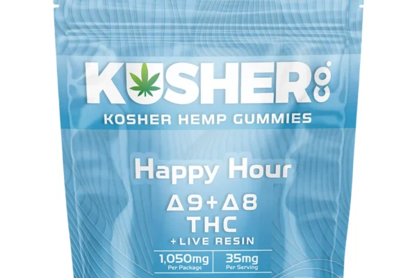 Blue package of Kusherco D8 Review . Kosher Hemp Gummies labeled 'Happy Hour' with Delta-9 and Delta-8 THC, live resin, and 35mg per serving.