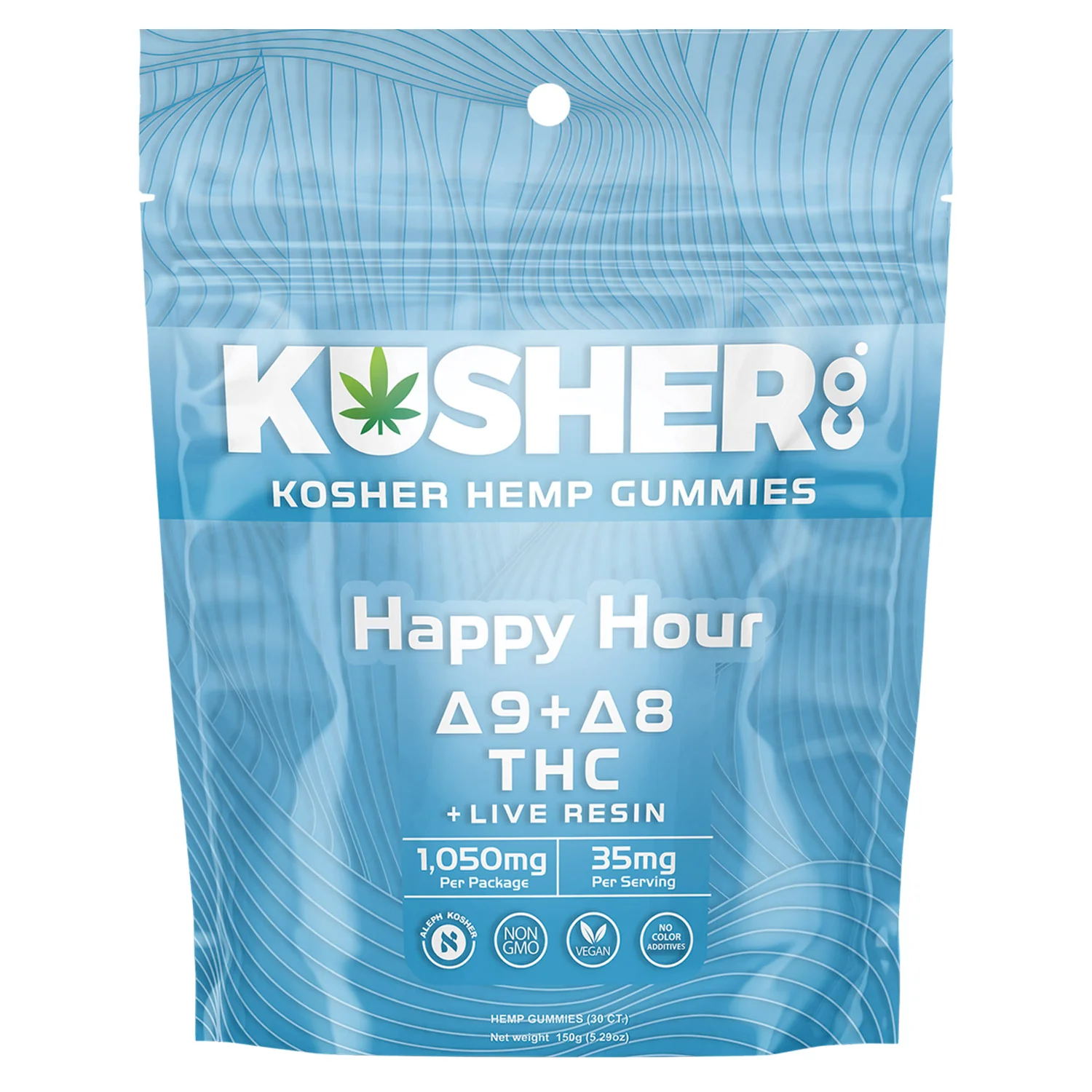 Blue package of Kusherco D8 Review . Kosher Hemp Gummies labeled 'Happy Hour' with Delta-9 and Delta-8 THC, live resin, and 35mg per serving.