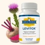 featuring a bottle of Simple Promise Levitox Reviews dietary supplement alongside an illustration of the digestive system. A magnified view shows red worm-like shapes, suggesting a focus on intestinal health.