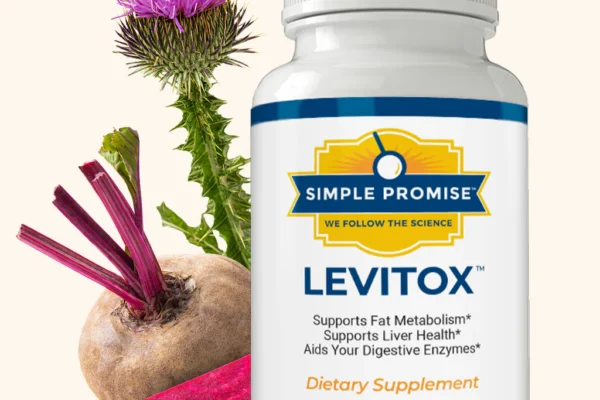 featuring a bottle of Simple Promise Levitox Reviews dietary supplement alongside an illustration of the digestive system. A magnified view shows red worm-like shapes, suggesting a focus on intestinal health.