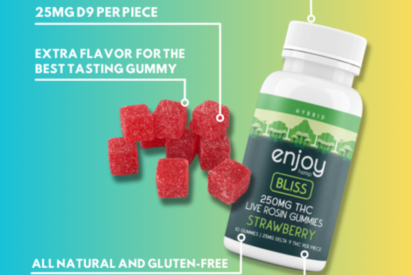 Enjoy Hemp Bliss strawberry gummies with 25mg Delta-9 THC per piece, highlighting all-natural, gluten-free ingredients and lab-tested potency.