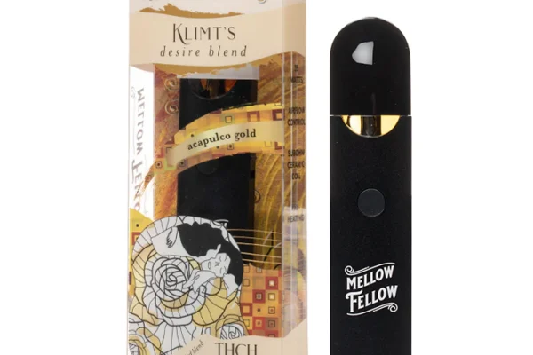 Mellow Fellow Vape device and packaging, featuring Klimt's Desire Blend in Acapulco Gold with THCH, Delta-11, HHC, Delta-8, CBD, and CBG cannabinoids.