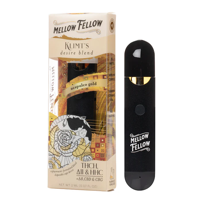 Mellow Fellow Vape device and packaging, featuring Klimt's Desire Blend in Acapulco Gold with THCH, Delta-11, HHC, Delta-8, CBD, and CBG cannabinoids.