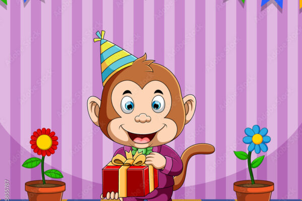 Cartoon monkey wearing a party hat and holding a gift box with a ribbon, standing on a colorful checkered floor. The background has purple stripes, hanging banners in various colors, and two potted flowers on either side.